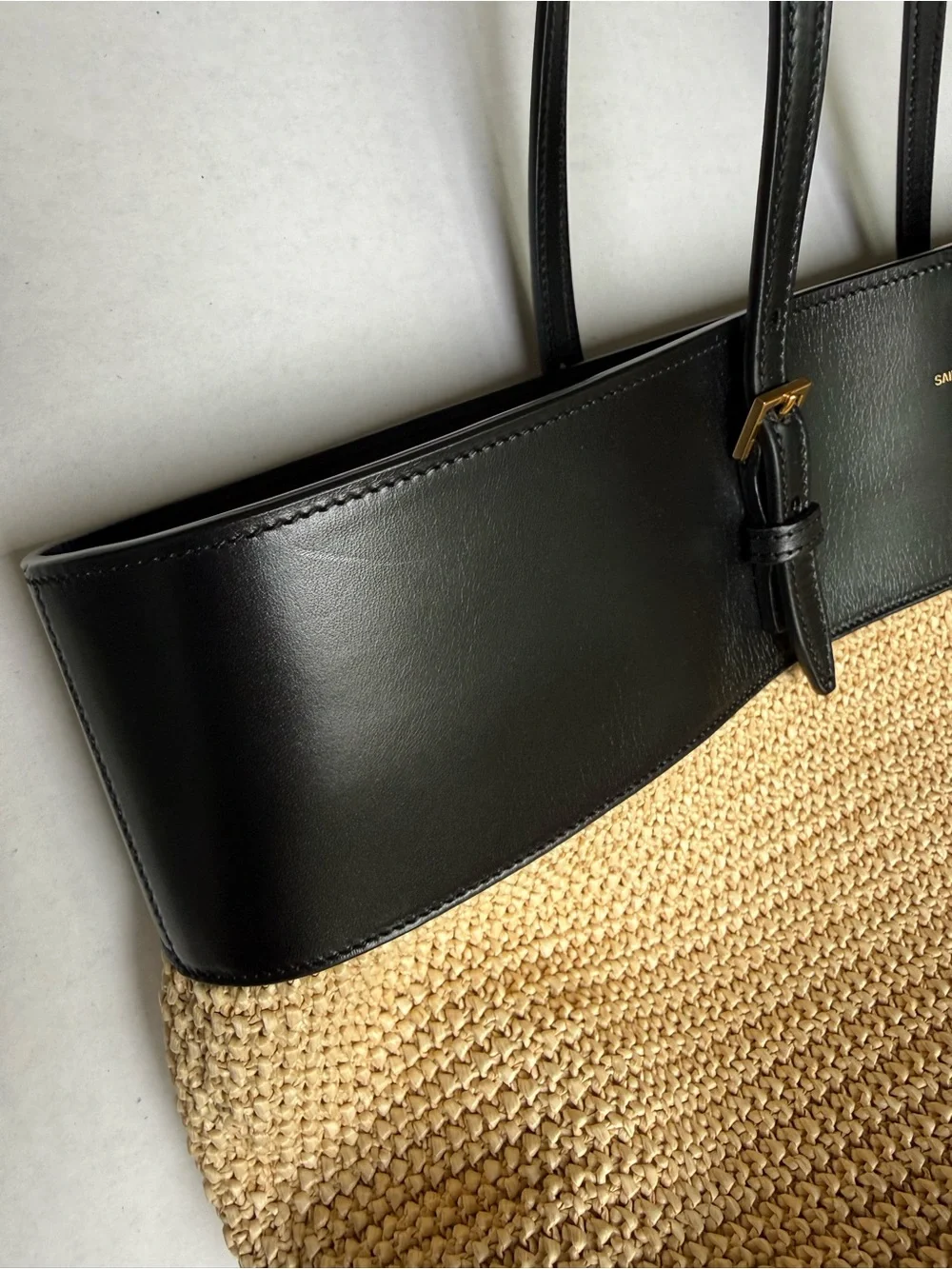 Authentic Saint Laurent Black & Natural Boucle Raffia Tote Bag with Dust Bag